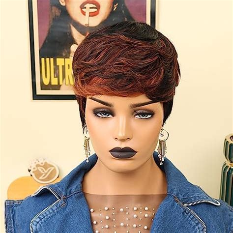 Yviann 100 Human Hair Pixie Wavy Short Wigs With Bangs Mixed Brown Color Pixie Cut