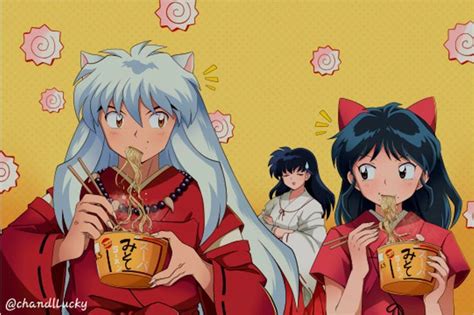 Inuyasha And His Daughter Moroha Eating Ramen Together With Kagome