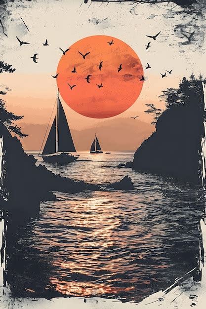 Premium Photo A Poster For A Sunset With A Sailboat And Birds Flying