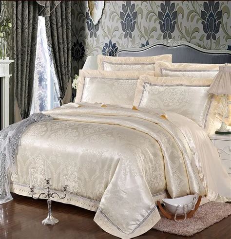 Beige Jacquard Satin Silk Bedding Set King Queen Size Pcs Luxury Lace