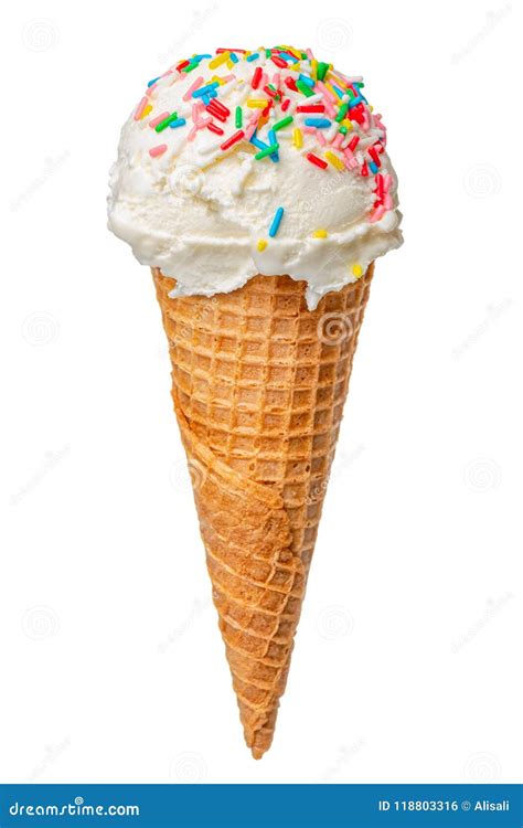 Wafer Cone With White Scoop Of Ice Cream And Colorful Sprinkles Stock