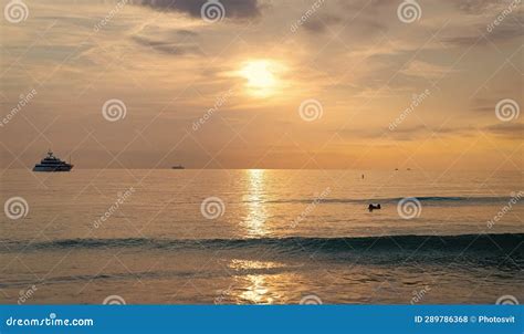 Sunrise Sky In Summer Vacation Skyscape With Ship On Horizon Stock