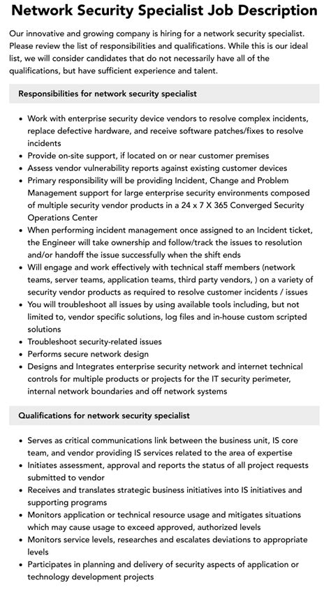 Network Security Specialist Job Description Velvet Jobs