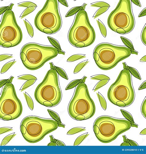 Fruit Seamless Pattern Drawn Cut Avocados And Leaves Line Art With