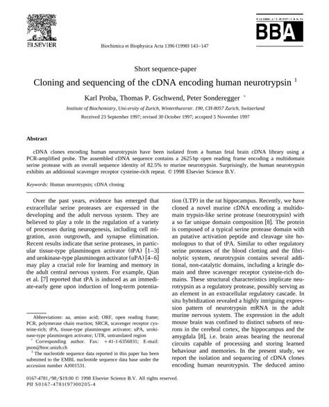 Pdf Cloning And Sequencing Of The Cdna Encoding Human Neurotrypsin