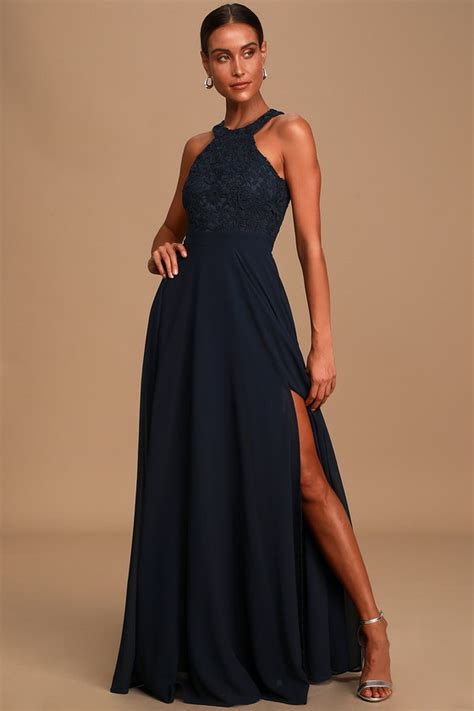 Elegant Navy Blue Maxi Dress Lace Dress Halter Maxi Dress Lulus