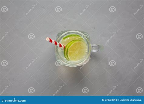 Cold Indian Nimbu Soda In A Glass Jar On A Gray Background Top View