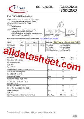 SGB02N60 Datasheet PDF Infineon Technologies AG