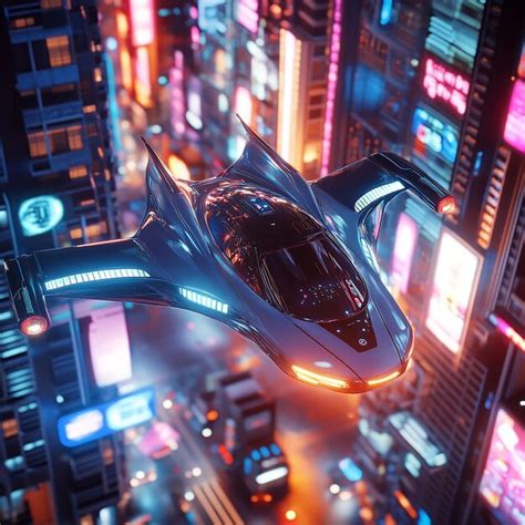 Futuristic Flying Car Hovering Over Neonlit City Skyline Premium Ai