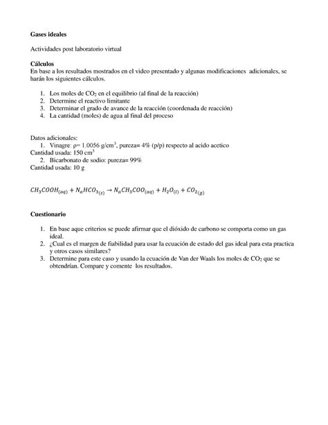 Lab Practica De Laboratorio Gases Ideales Actividades Post