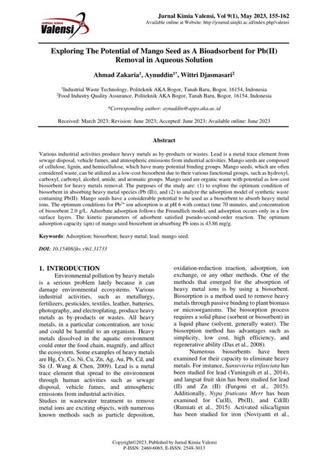 Pdf Exploring The Potential Of Mango Seed As A Bioadsorbent For Pb Ii