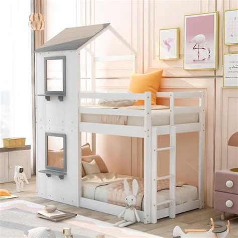 Harper Bright Designs White Twin Over Twin Wood Bunk Bed With Roof