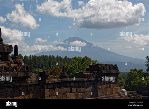 The View Of Dormant Mount Merapi Volcano From Borobudur Temple Near