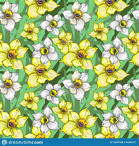 Botanical Seamless Pattern With Flowers Of Narcissus Daffodils Stock