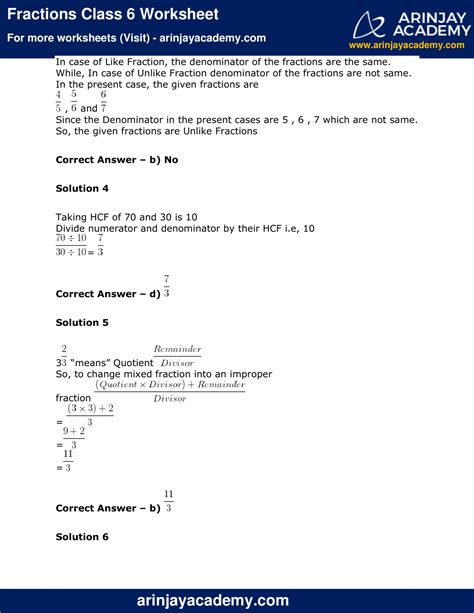 Fractions Class 6 Worksheet Maths Arinjay Academy