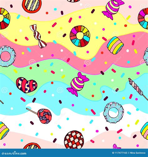 Colorful And Cute Hand Drawn Sweet Candy Vintage Style Seamless Pattern