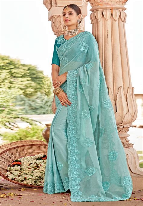 Buy Indian Wedding Party Wear Saree Sky Blue Georgette Festival Wear