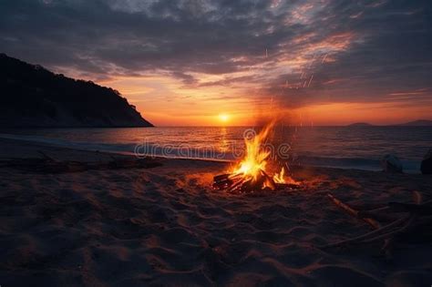 A Campfire On The Beach At Sunset Is A Picturesque Scene Of A Warm