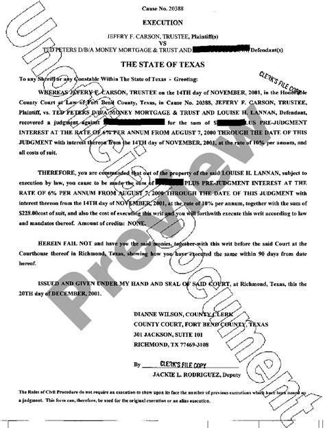 Texas Writ Of Execution Blank Writ Of Execution For Texas Us Legal Forms