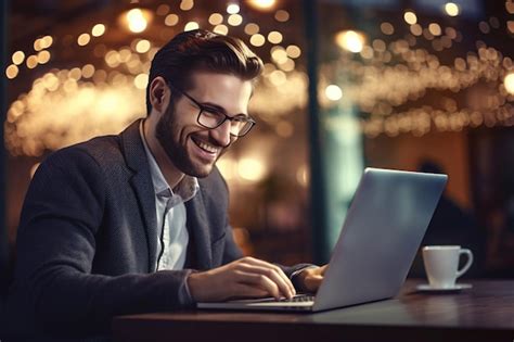 Premium AI Image Smiling Man Working On Laptop Working With Laptop