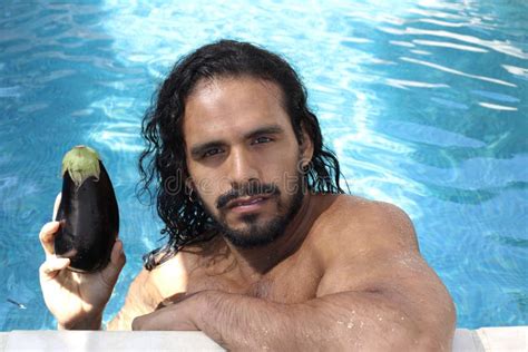 Funny Shirtless Man Holding Eggplant Stock Photo Image Of Middle