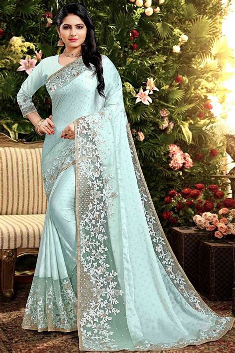 Buy Satin Silk Party Wear Saree In Pale Blue Colour Online SARV03551