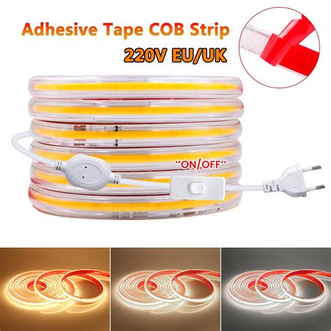 Waterproof 220V COB Led Strip With Switch EU UK Power Plug 288LEDs M