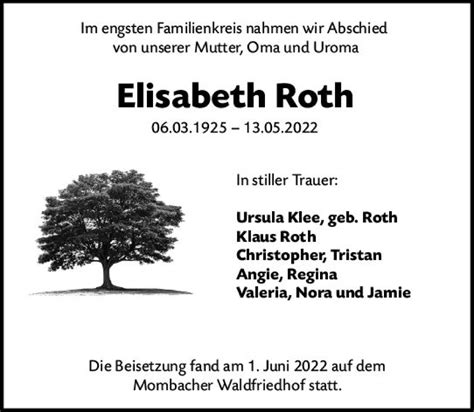 Traueranzeigen Von Elisabeth Roth Vrm Trauer De