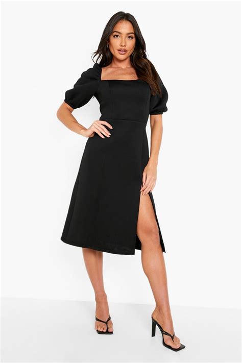 Puff Sleeve Square Neck Midi Dress Boohoo