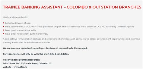 Dfcc Bank Trainee Banking Assistants Colombo And Outstation