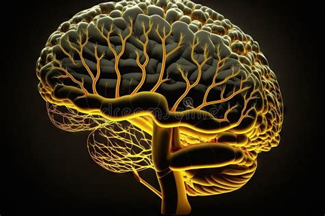 Yellow Brain With Veins Isolated In Black On Dark Background Digital