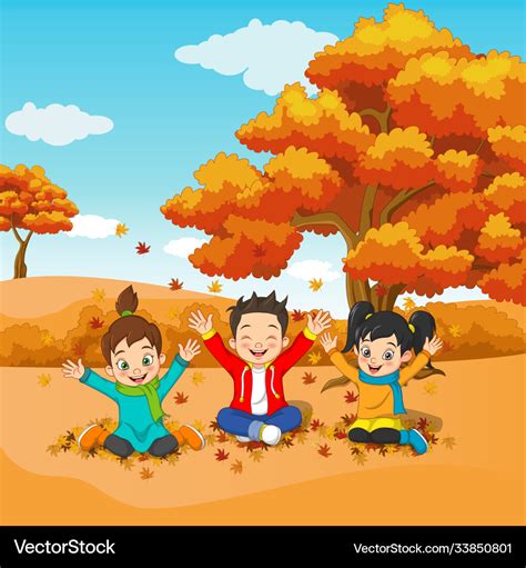 Cartoon happy kids playing in autumn background Vector Image