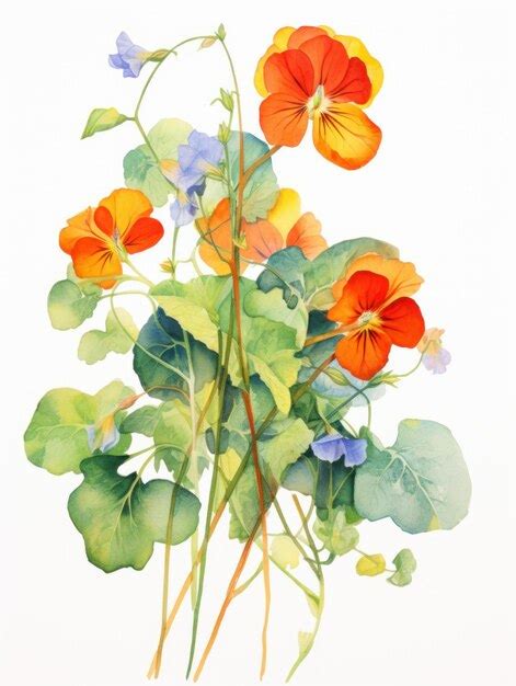 Premium Photo Vibrant Watercolor Nasturtium Leaves And Flowers