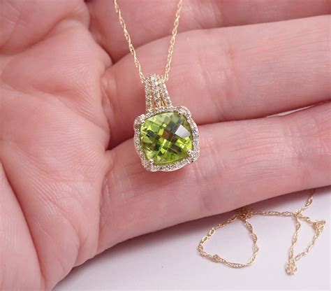 Diamond And Cushion Cut Peridot Halo Pendant K Yellow Gold Necklace