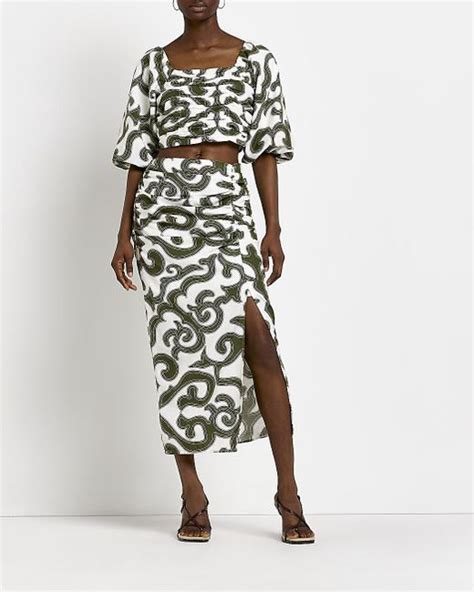 River Island Cotton Green Printed Midi Skirt Lyst