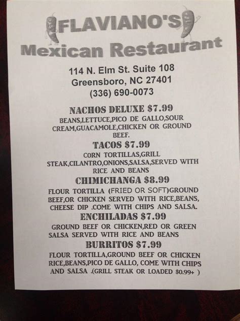 Menu At Flavianos Mexican Restaurant Greensboro