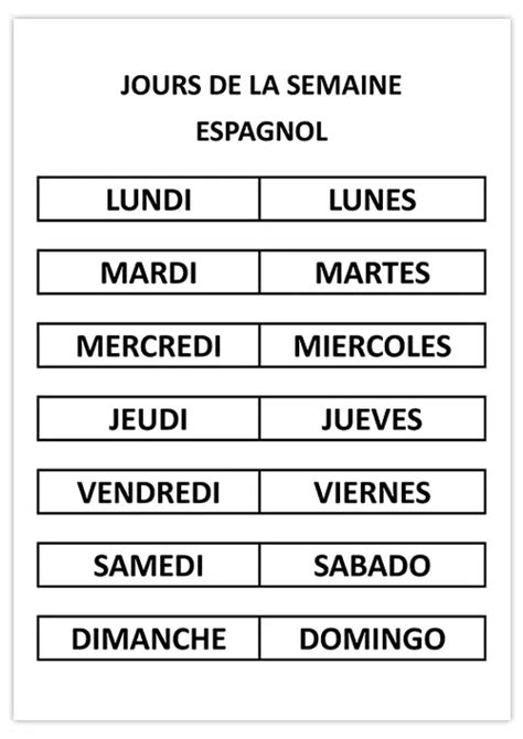 Jours De La Semaine En Espagnol Calendrier Su