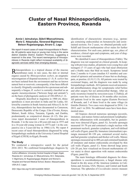 PDF Cluster Of Nasal Rhinosporidiosis Eastern Province Rwanda