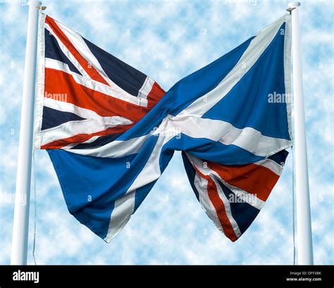 UK Union Jack flag and Scottish Saltire St Andrew's cross flag in a composition produced in 1999 ...