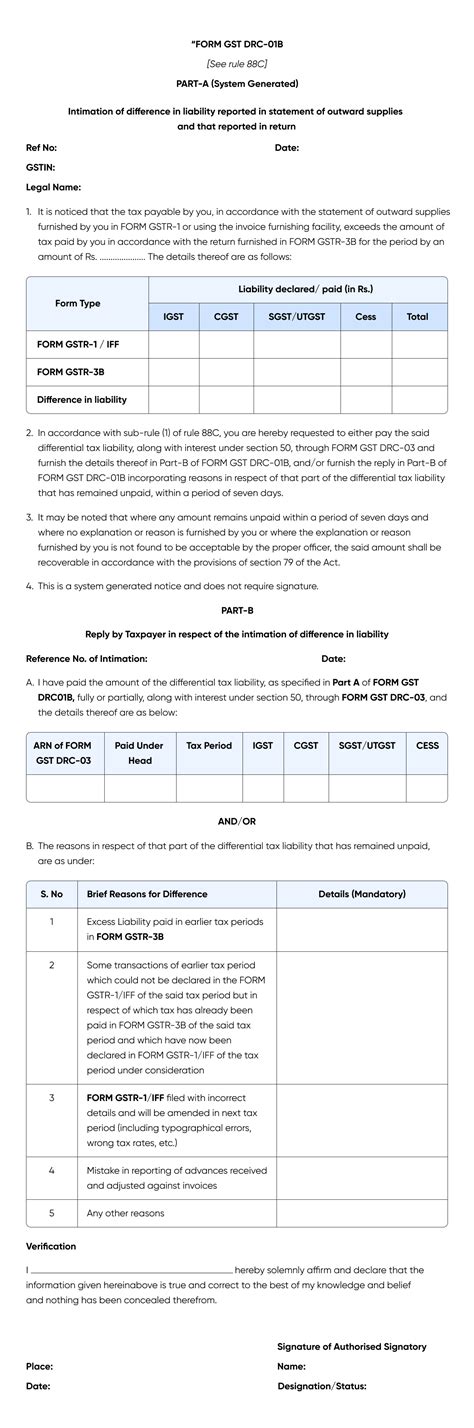 Form DRC 01B In GST Intimation Of Differences In Liability Between The