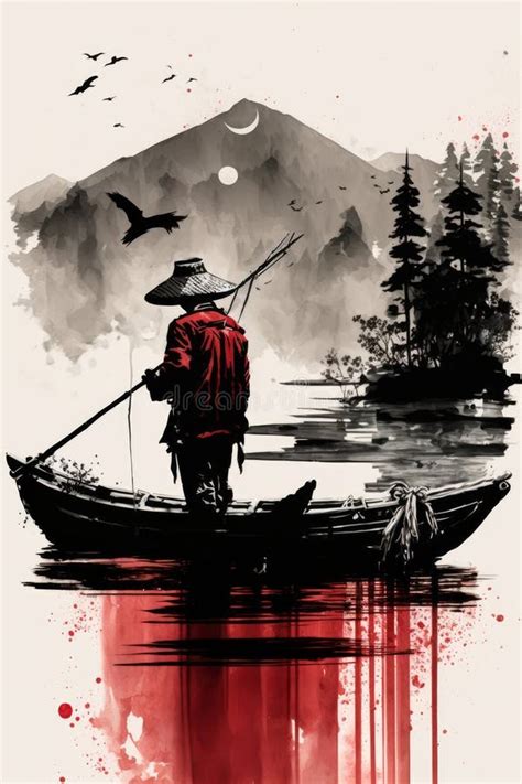 A Japanese Painting of a Japanese Man Sitting on a Boat Stock ...