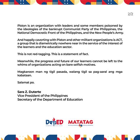 A REPLY BY DEPED SECRETARY SARA DUTERTE TO ACT AND PISTON | Department of Education