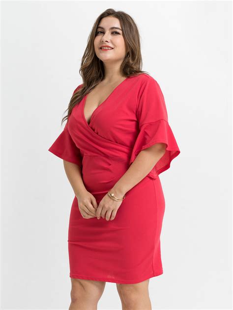 Plus Size Red Dress V Neck Flared Half Sleeve Summer Midi Dress