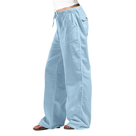 Kpoplk Women S Baggy Linen Wide Leg Trousers Casual Patchwark Elastic