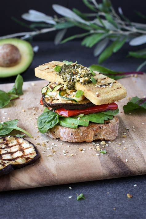 Mediterranean Grilled Vegetable And Tofu Halloumi Stack With Pesto And