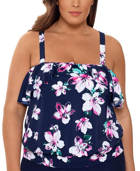 Swim Solutions Plus Size Floral Printed Blouson Ruffled Tankini Top