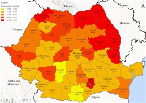 Demographic potential index in Romania (2021). Source of data: authors ...