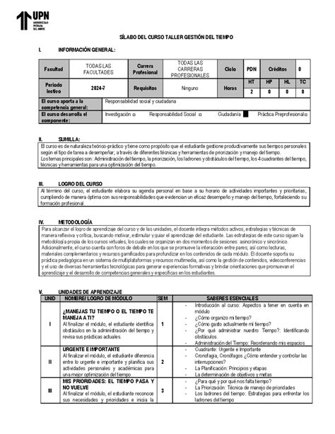 Silabo De Taller De Tiempo SÍlabo Del Curso Taller GestiÓn Del Tiempo
