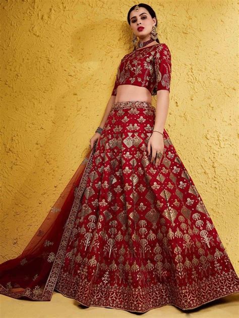 Buy Red Embroidered Silk Bridal Lehenga Choli From Ethnic Plus