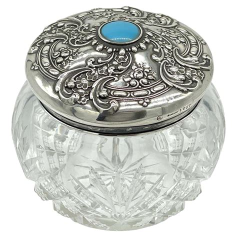 American Brilliant Cut Glass Sterling And Turquoise Dresser Jar By